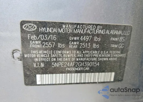 2016 Hyundai Sonata Se from USA, damaged, VIN 5NPE24AF2GH390154